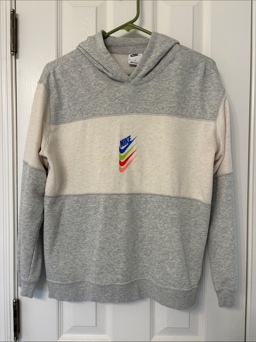 Nike Colorblock Grey and Cream Hoodie with Multicolor Swoosh